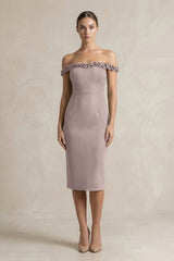 Off - the - Shoulder Sheath Ruffled Midi Bridesmaid Dress in Almond - KISS BRIDAL Bridesmaid Dresses