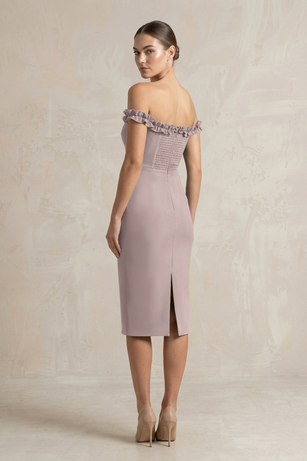 Off - the - Shoulder Sheath Ruffled Midi Bridesmaid Dress in Almond - KISS BRIDAL Bridesmaid Dresses