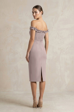 Off - the - Shoulder Sheath Ruffled Midi Bridesmaid Dress in Almond - KISS BRIDAL Bridesmaid Dresses