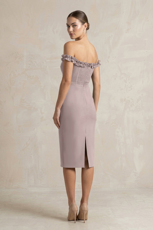 Off - the - Shoulder Sheath Ruffled Midi Bridesmaid Dress in Almond - KISS BRIDAL Bridesmaid Dresses