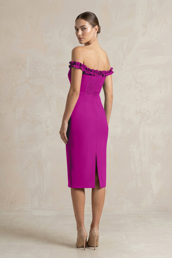 Off - the - Shoulder Sheath Ruffled Midi Bridesmaid Dress in Amethyst - KISS BRIDAL Bridesmaid Dresses