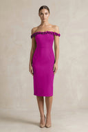 Off - the - Shoulder Sheath Ruffled Midi Bridesmaid Dress in Amethyst - KISS BRIDAL Bridesmaid Dresses