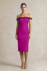 Off - the - Shoulder Sheath Ruffled Midi Bridesmaid Dress in Amethyst - KISS BRIDAL Bridesmaid Dresses