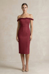 Off - the - Shoulder Sheath Ruffled Midi Bridesmaid Dress in Berry - KISS BRIDAL Bridesmaid Dresses