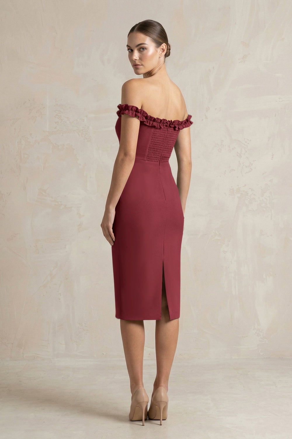 Off - the - Shoulder Sheath Ruffled Midi Bridesmaid Dress in Berry - KISS BRIDAL Bridesmaid Dresses