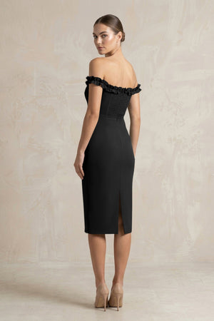 Off - the - Shoulder Sheath Ruffled Midi Bridesmaid Dress in Black - KISS BRIDAL Bridesmaid Dresses