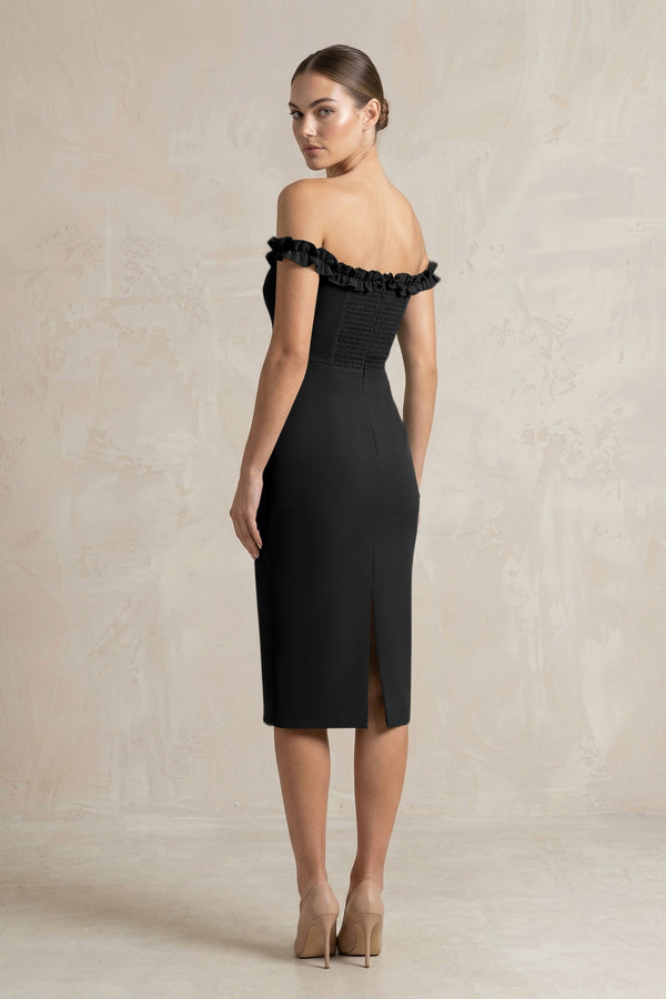 Off - the - Shoulder Sheath Ruffled Midi Bridesmaid Dress in Black - KISS BRIDAL Bridesmaid Dresses