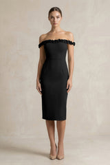 Off - the - Shoulder Sheath Ruffled Midi Bridesmaid Dress in Black - KISS BRIDAL Bridesmaid Dresses