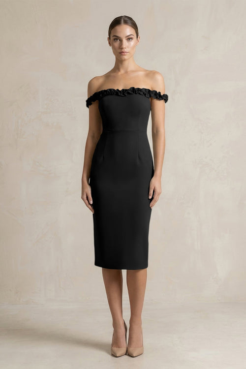 Off - the - Shoulder Sheath Ruffled Midi Bridesmaid Dress in Black - KISS BRIDAL Bridesmaid Dresses