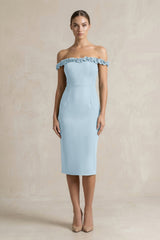 Off - the - Shoulder Sheath Ruffled Midi Bridesmaid Dress in Bleached Aqua - KISS BRIDAL Bridesmaid Dresses