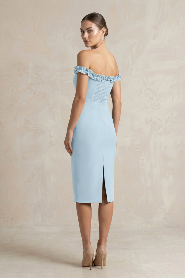 Off - the - Shoulder Sheath Ruffled Midi Bridesmaid Dress in Bleached Aqua - KISS BRIDAL Bridesmaid Dresses