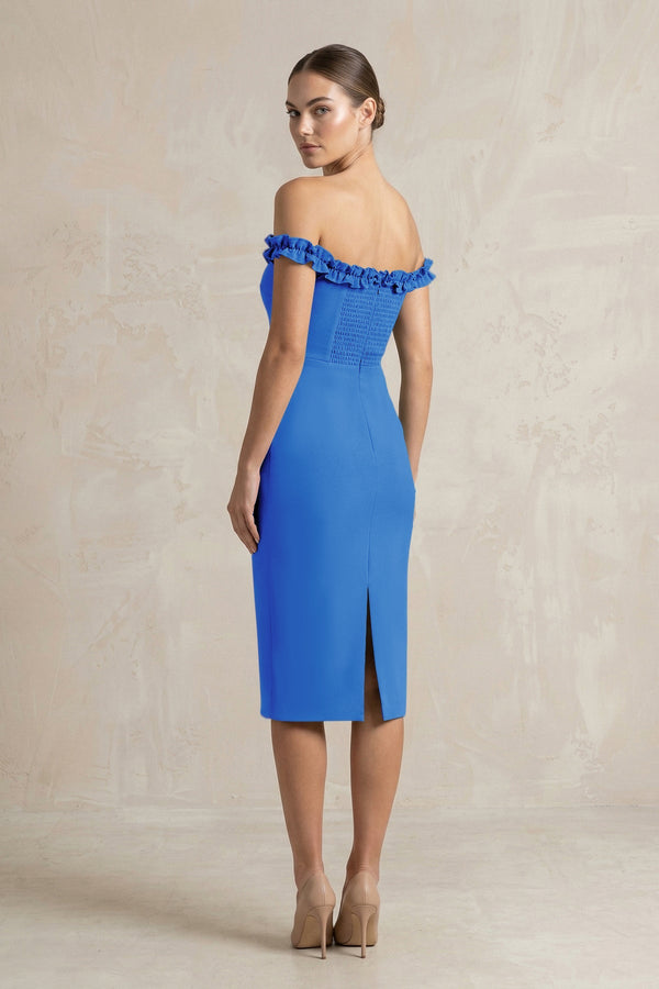 Off - the - Shoulder Sheath Ruffled Midi Bridesmaid Dress in Blue Jay - KISS BRIDAL Bridesmaid Dresses