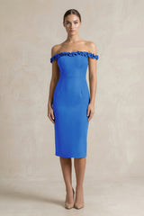 Off - the - Shoulder Sheath Ruffled Midi Bridesmaid Dress in Blue Jay - KISS BRIDAL Bridesmaid Dresses