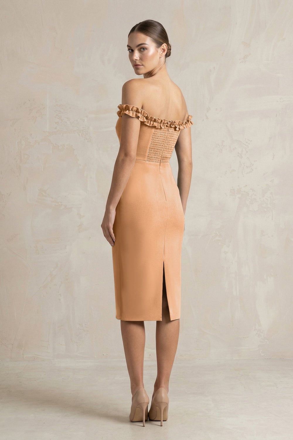 Off - the - Shoulder Sheath Ruffled Midi Bridesmaid Dress in Bronzer - KISS BRIDAL Bridesmaid Dresses