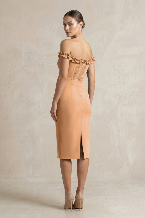 Off - the - Shoulder Sheath Ruffled Midi Bridesmaid Dress in Bronzer - KISS BRIDAL Bridesmaid Dresses