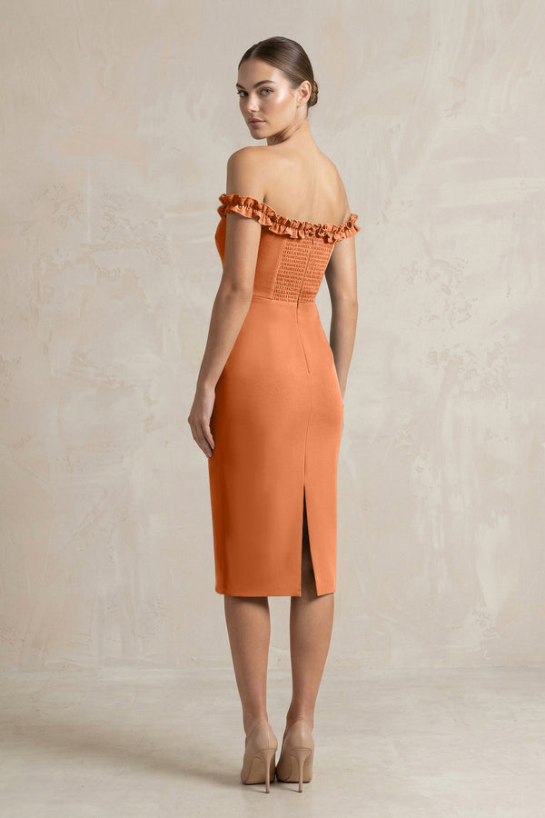 Off - the - Shoulder Sheath Ruffled Midi Bridesmaid Dress in Brown - KISS BRIDAL Bridesmaid Dresses