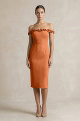 Off - the - Shoulder Sheath Ruffled Midi Bridesmaid Dress in Brown - KISS BRIDAL Bridesmaid Dresses