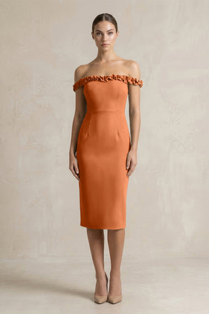 Off - the - Shoulder Sheath Ruffled Midi Bridesmaid Dress in Brown - KISS BRIDAL Bridesmaid Dresses