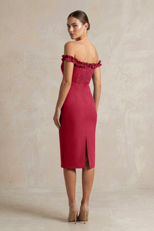 Off - the - Shoulder Sheath Ruffled Midi Bridesmaid Dress in Burgundy - KISS BRIDAL Bridesmaid Dresses