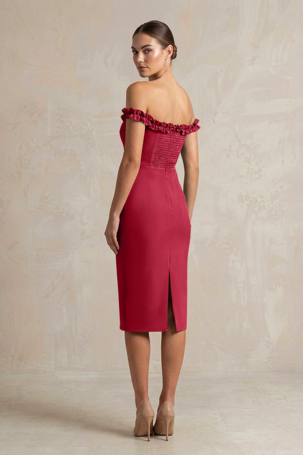 Off - the - Shoulder Sheath Ruffled Midi Bridesmaid Dress in Burgundy - KISS BRIDAL Bridesmaid Dresses