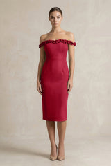 Off - the - Shoulder Sheath Ruffled Midi Bridesmaid Dress in Burgundy - KISS BRIDAL Bridesmaid Dresses