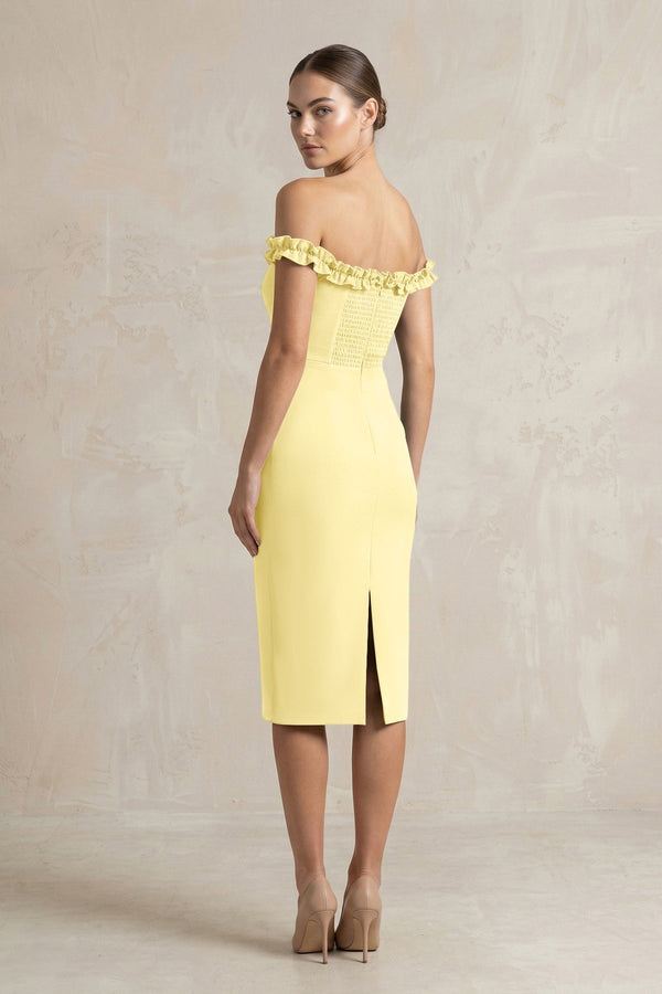 Off - the - Shoulder Sheath Ruffled Midi Bridesmaid Dress in Buttercup - KISS BRIDAL Bridesmaid Dresses