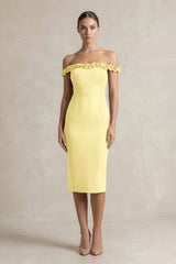 Off - the - Shoulder Sheath Ruffled Midi Bridesmaid Dress in Buttercup - KISS BRIDAL Bridesmaid Dresses