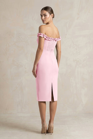 Off - the - Shoulder Sheath Ruffled Midi Bridesmaid Dress in Candy Pink - KISS BRIDAL Bridesmaid Dresses