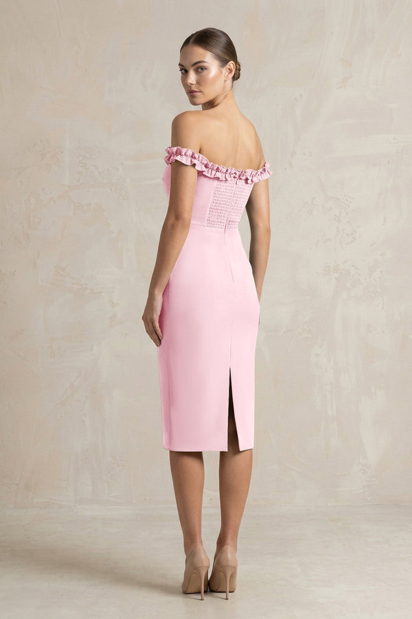 Off - the - Shoulder Sheath Ruffled Midi Bridesmaid Dress in Candy Pink - KISS BRIDAL Bridesmaid Dresses