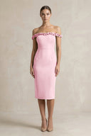 Off - the - Shoulder Sheath Ruffled Midi Bridesmaid Dress in Candy Pink - KISS BRIDAL Bridesmaid Dresses