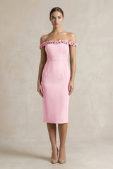 Off - the - Shoulder Sheath Ruffled Midi Bridesmaid Dress in Candy Pink - KISS BRIDAL Bridesmaid Dresses