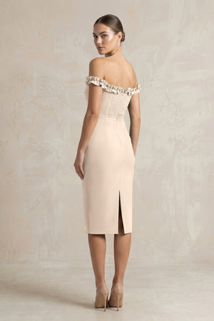 Off - the - Shoulder Sheath Ruffled Midi Bridesmaid Dress in Champagne - KISS BRIDAL Bridesmaid Dresses
