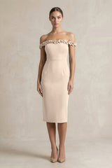 Off - the - Shoulder Sheath Ruffled Midi Bridesmaid Dress in Champagne - KISS BRIDAL Bridesmaid Dresses