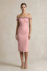 Off - the - Shoulder Sheath Ruffled Midi Bridesmaid Dress in Champagne Rose - KISS BRIDAL Bridesmaid Dresses