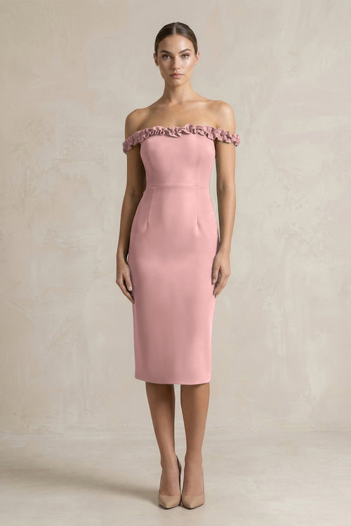 Off - the - Shoulder Sheath Ruffled Midi Bridesmaid Dress in Champagne Rose - KISS BRIDAL Bridesmaid Dresses