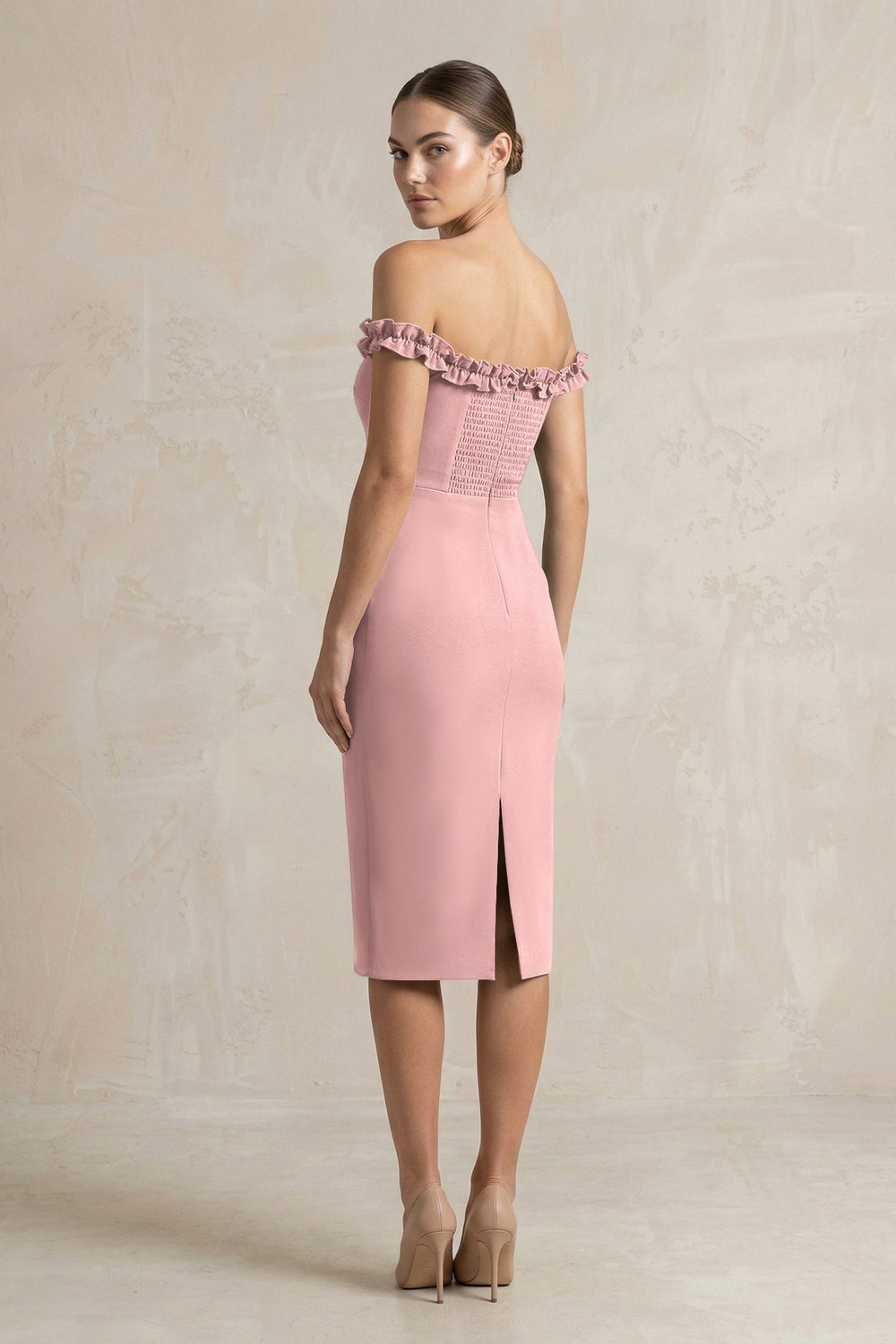 Off - the - Shoulder Sheath Ruffled Midi Bridesmaid Dress in Champagne Rose - KISS BRIDAL Bridesmaid Dresses