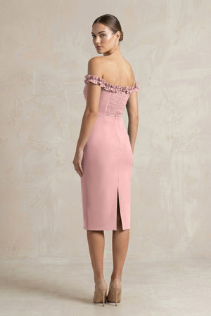 Off - the - Shoulder Sheath Ruffled Midi Bridesmaid Dress in Champagne Rose - KISS BRIDAL Bridesmaid Dresses