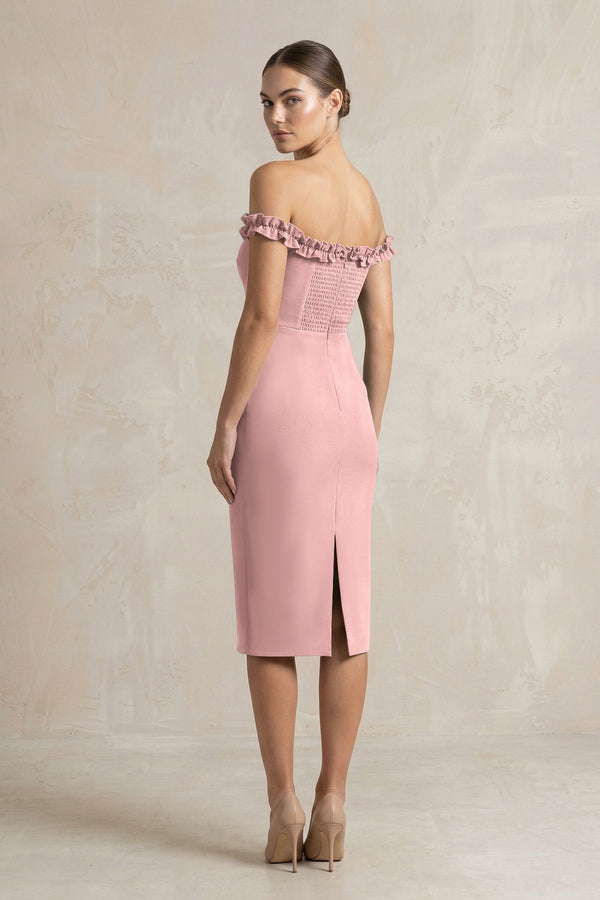 Off - the - Shoulder Sheath Ruffled Midi Bridesmaid Dress in Champagne Rose - KISS BRIDAL Bridesmaid Dresses