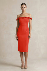 Off - the - Shoulder Sheath Ruffled Midi Bridesmaid Dress in Cinnamon - KISS BRIDAL Bridesmaid Dresses