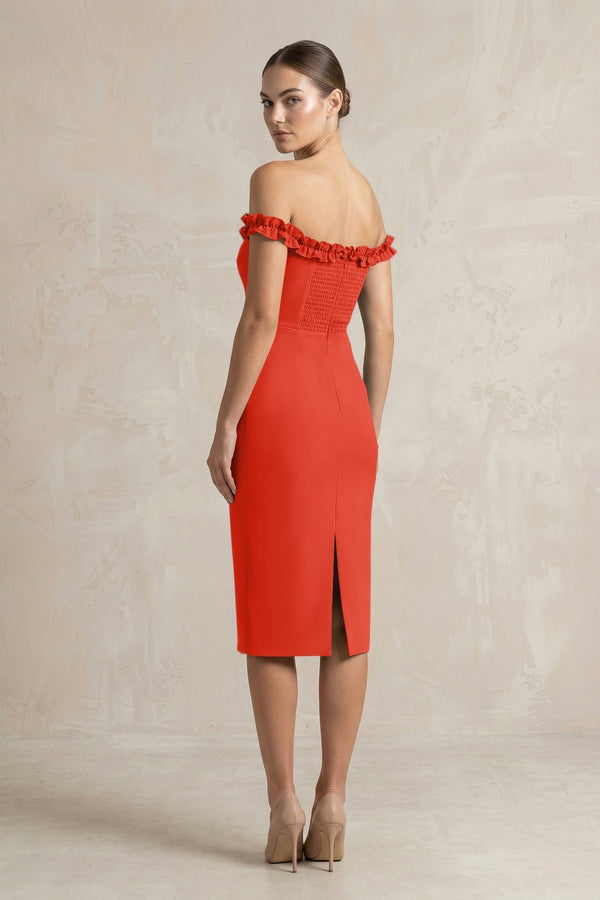 Off - the - Shoulder Sheath Ruffled Midi Bridesmaid Dress in Cinnamon - KISS BRIDAL Bridesmaid Dresses