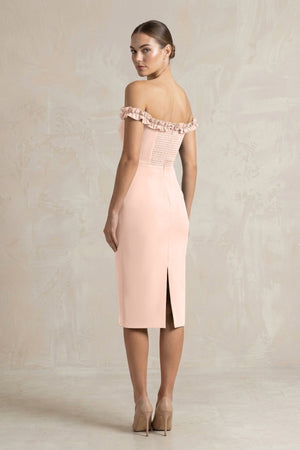 Off - the - Shoulder Sheath Ruffled Midi Bridesmaid Dress in Coral Pink - KISS BRIDAL Bridesmaid Dresses