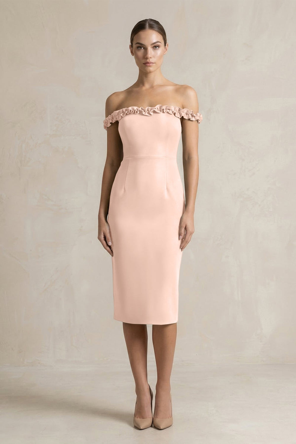 Off - the - Shoulder Sheath Ruffled Midi Bridesmaid Dress in Coral Pink - KISS BRIDAL Bridesmaid Dresses