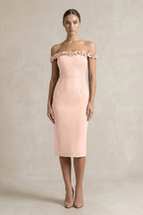 Off - the - Shoulder Sheath Ruffled Midi Bridesmaid Dress in Coral Pink - KISS BRIDAL Bridesmaid Dresses