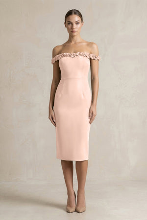 Off - the - Shoulder Sheath Ruffled Midi Bridesmaid Dress in Coral Pink - KISS BRIDAL Bridesmaid Dresses