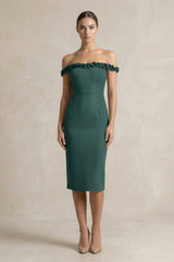 Off - the - Shoulder Sheath Ruffled Midi Bridesmaid Dress in Dark Green - KISS BRIDAL Bridesmaid Dresses