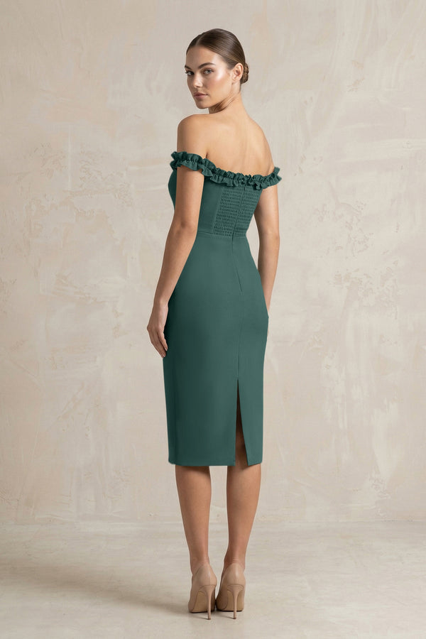 Off - the - Shoulder Sheath Ruffled Midi Bridesmaid Dress in Dark Green - KISS BRIDAL Bridesmaid Dresses