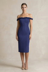 Off - the - Shoulder Sheath Ruffled Midi Bridesmaid Dress in Dark Navy - KISS BRIDAL Bridesmaid Dresses