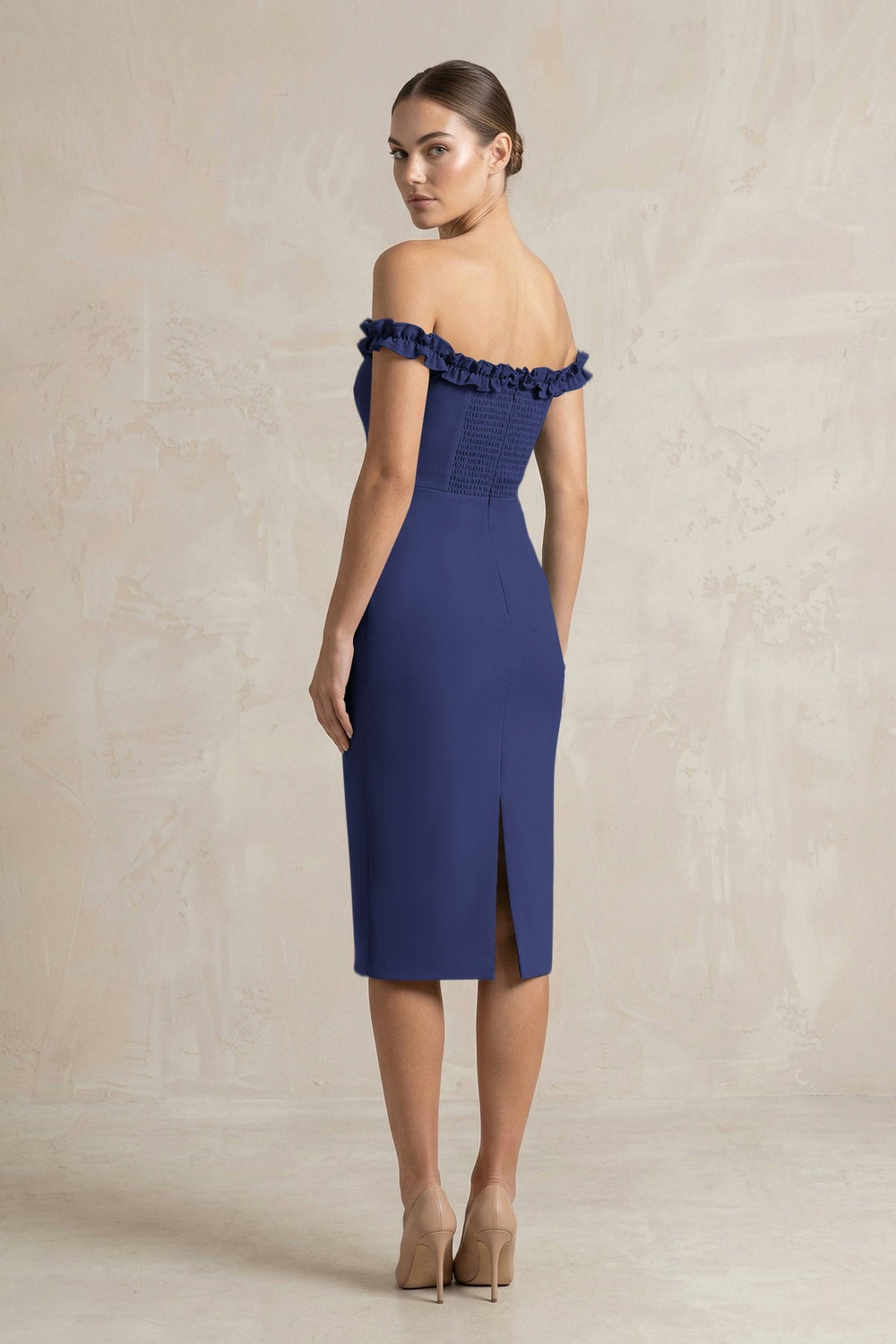 Off - the - Shoulder Sheath Ruffled Midi Bridesmaid Dress in Dark Navy - KISS BRIDAL Bridesmaid Dresses