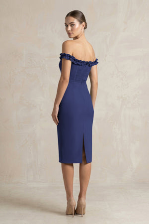Off - the - Shoulder Sheath Ruffled Midi Bridesmaid Dress in Dark Navy - KISS BRIDAL Bridesmaid Dresses