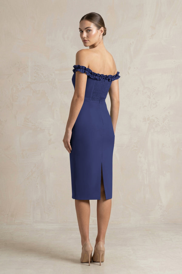 Off - the - Shoulder Sheath Ruffled Midi Bridesmaid Dress in Dark Navy - KISS BRIDAL Bridesmaid Dresses